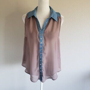 POETRY Blouse Top Sleeveless Mink Sheer Chiffon Denim Trim Button Front Size M